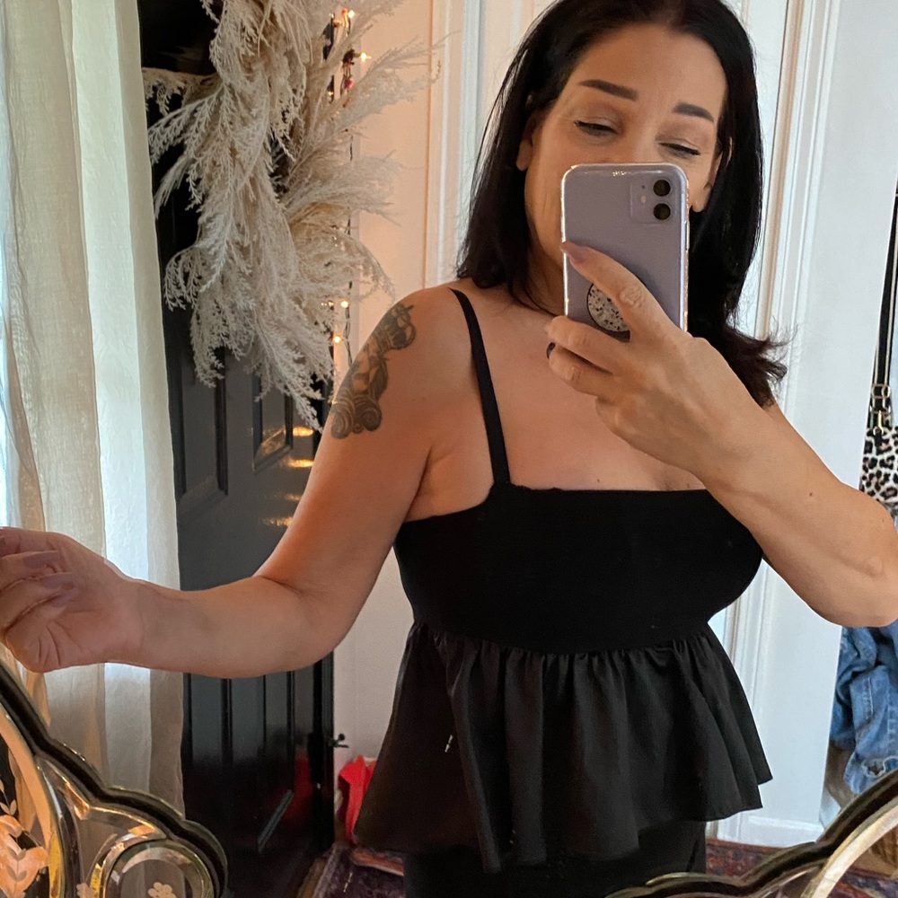 Brand NEW babydoll black strapless top with satin sheen peplum / empire waist